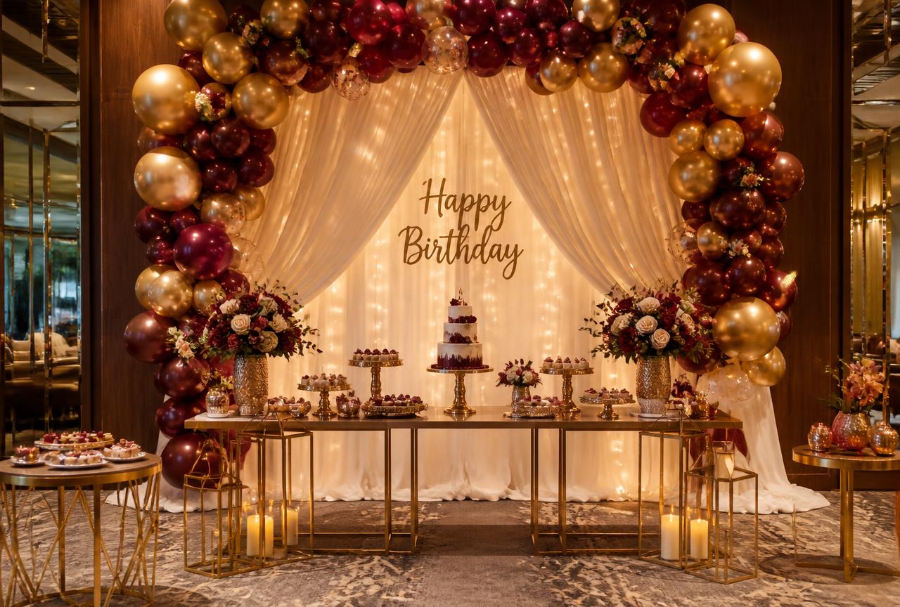 Elegant birthday decoration with burgundy and gold balloon arch