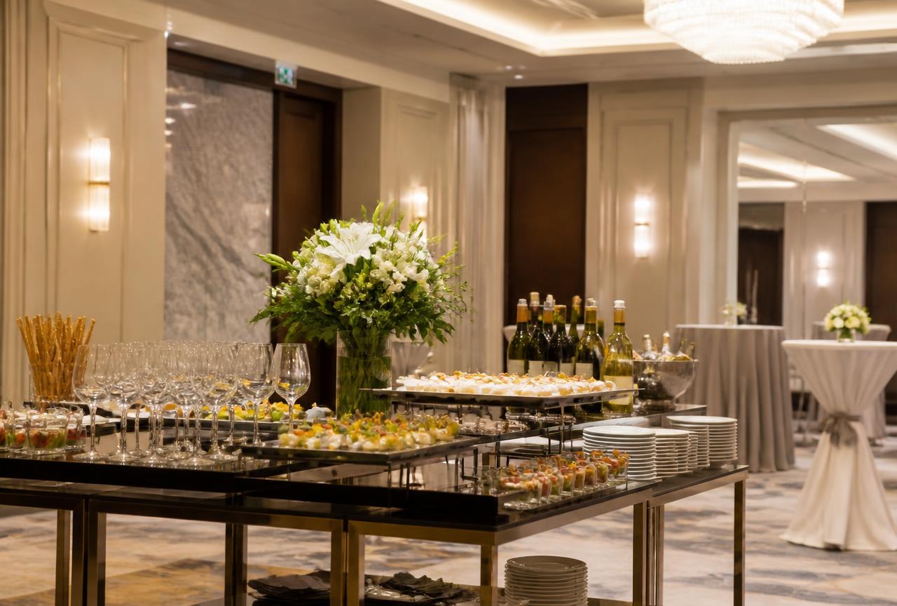 Corporate event catering buffet setup in a banquet hall