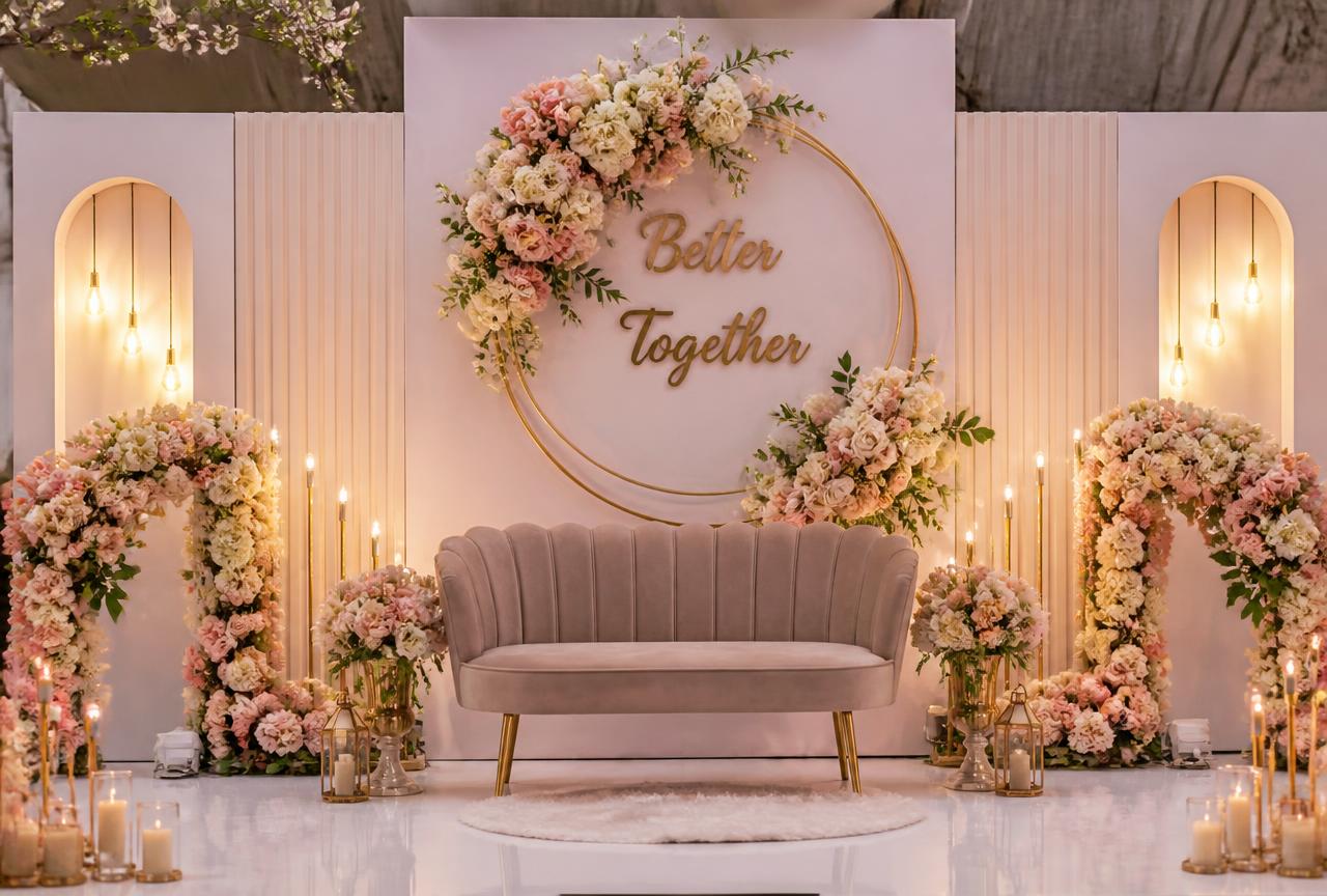 Engagement ceremony setup with floral decoration and seating