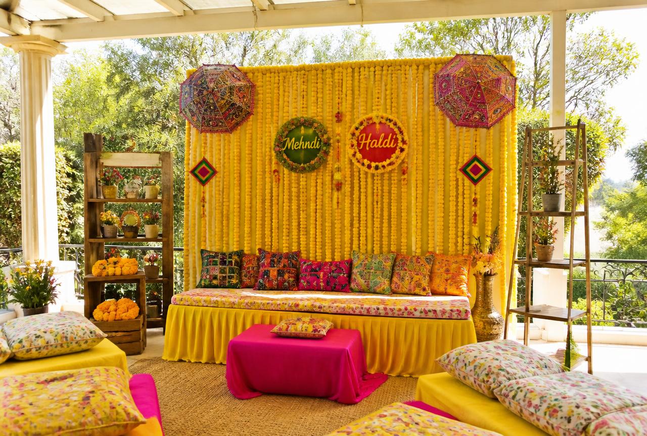 Mehndi function decoration with marigold flowers and colourful cushions