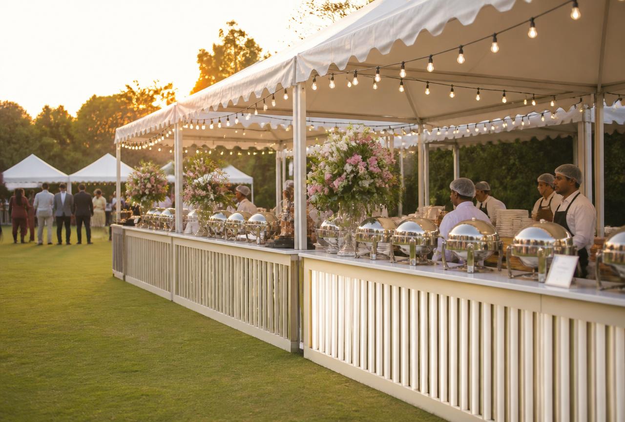 Outdoor catering setup on a lawn with buffet counters and string lights